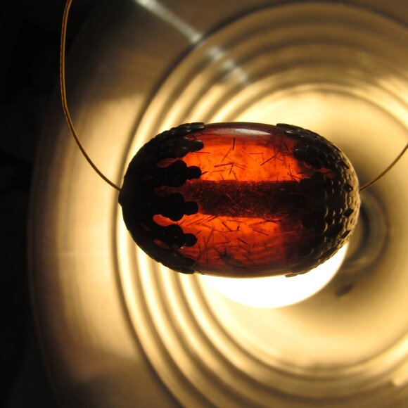 LARGE 1.5" BLOWN AMBER GLASS BEAD ORB WITH BRASS FILIGREE CAPS - Picture 1 of 7